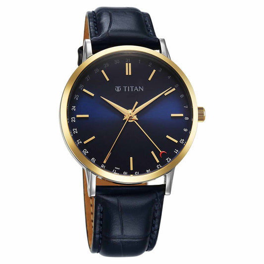 Titan Elegance Analog with Date by Hand and Blue Dial Blue Leather Strap Watch for Men 90202BL01