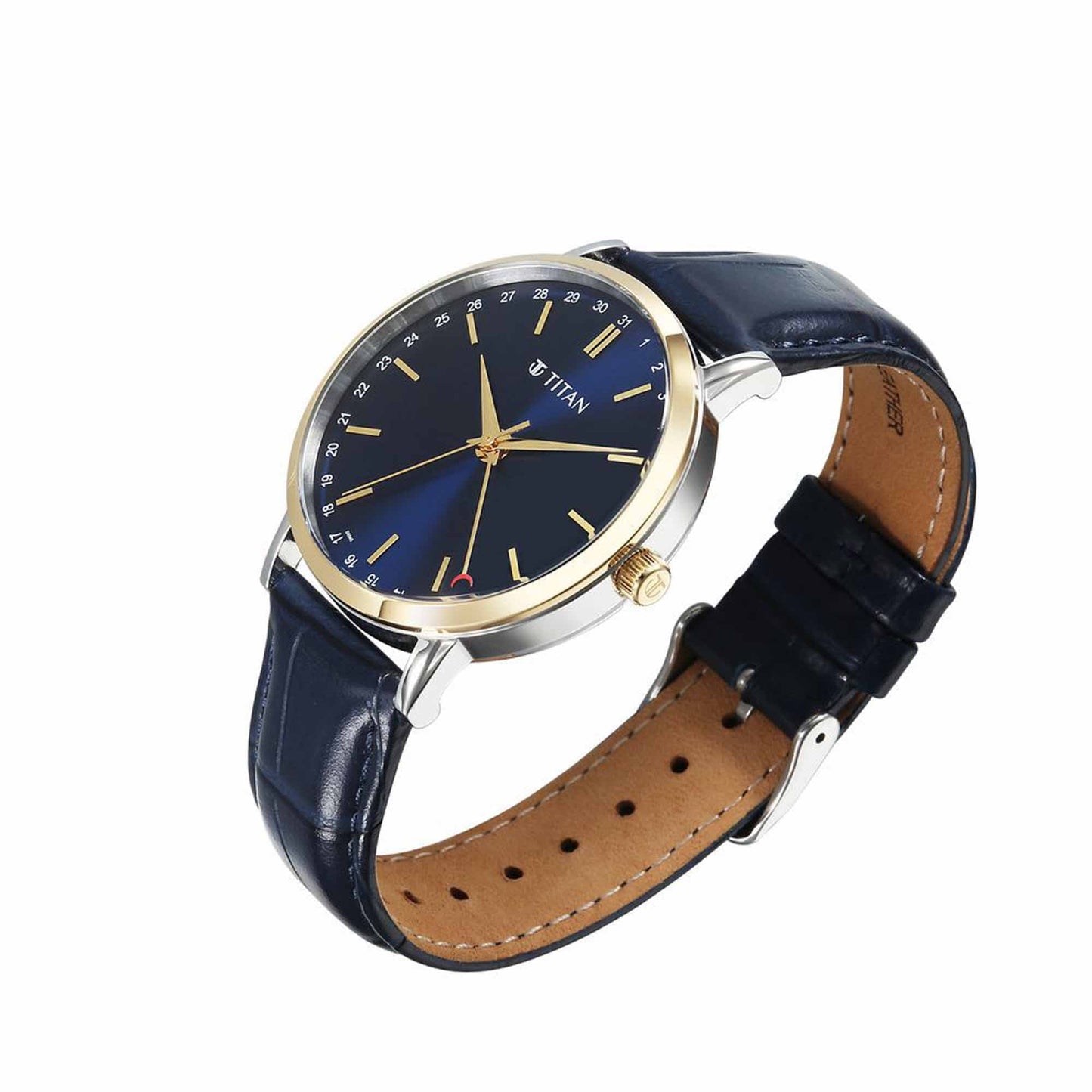 Titan Elegance Analog with Date by Hand and Blue Dial Blue Leather Strap Watch for Men 90202BL01