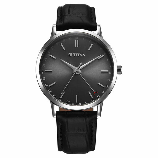 Titan Elegance Analog with Date by Hand and Dark Grey Dial Black Leather Strap Watch for Men 90202SL02
