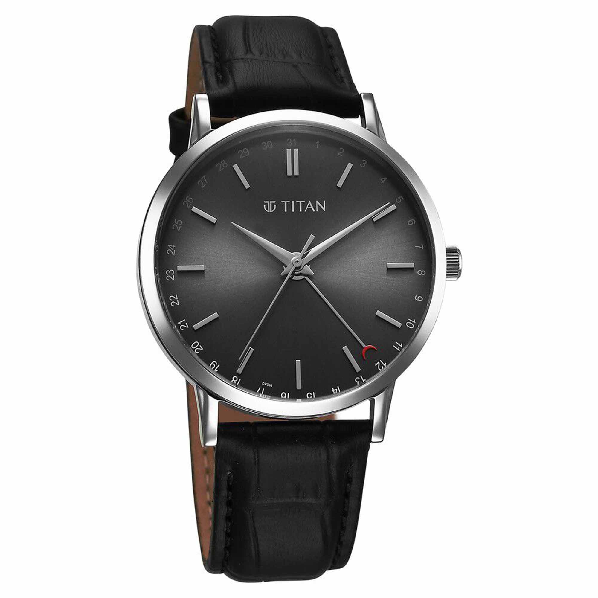 Titan Elegance Analog with Date by Hand and Dark Grey Dial Black Leather Strap Watch for Men 90202SL02
