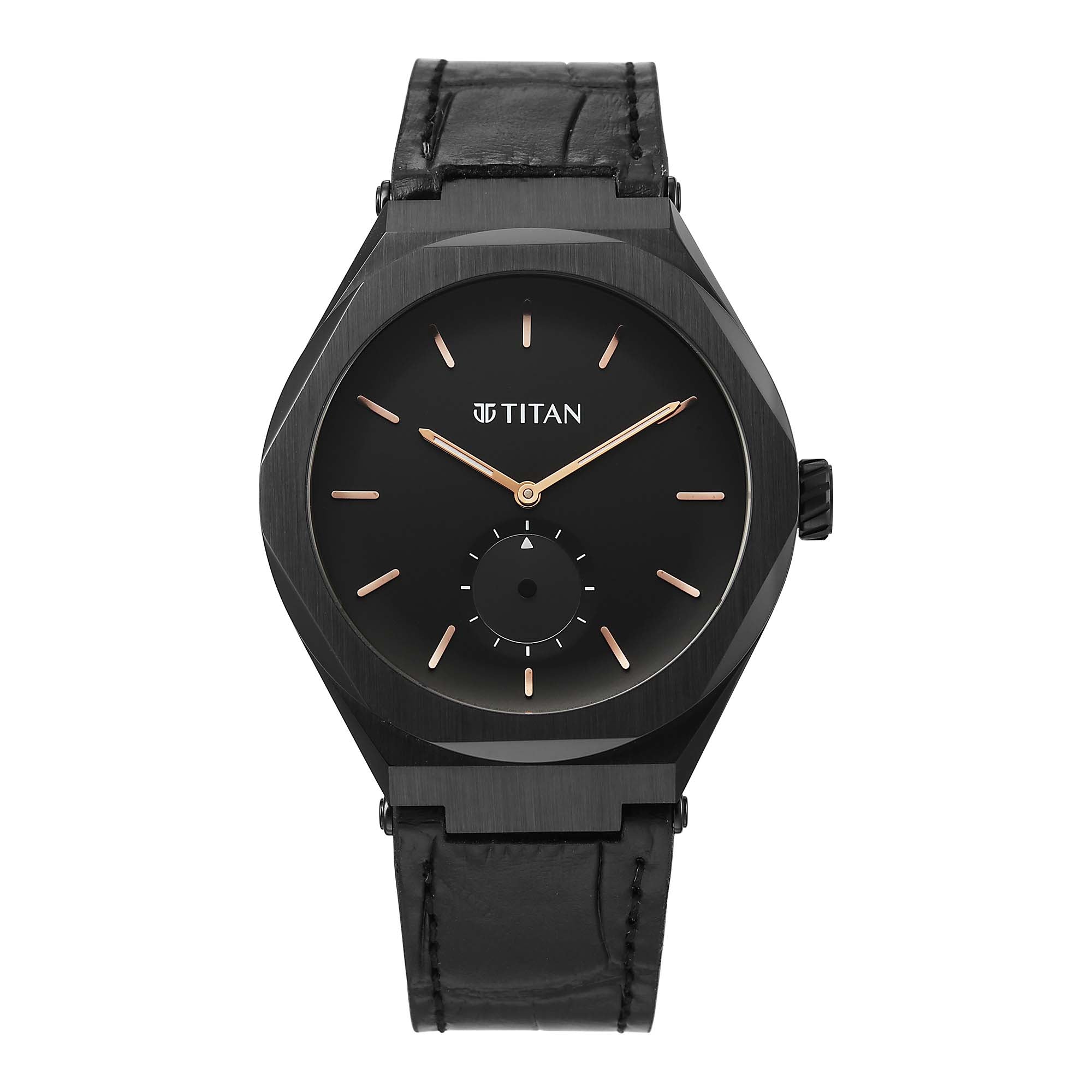Titan Contour Analog with Small Second and Black Dial Black Leather Strap Watch for Men 90210NL01