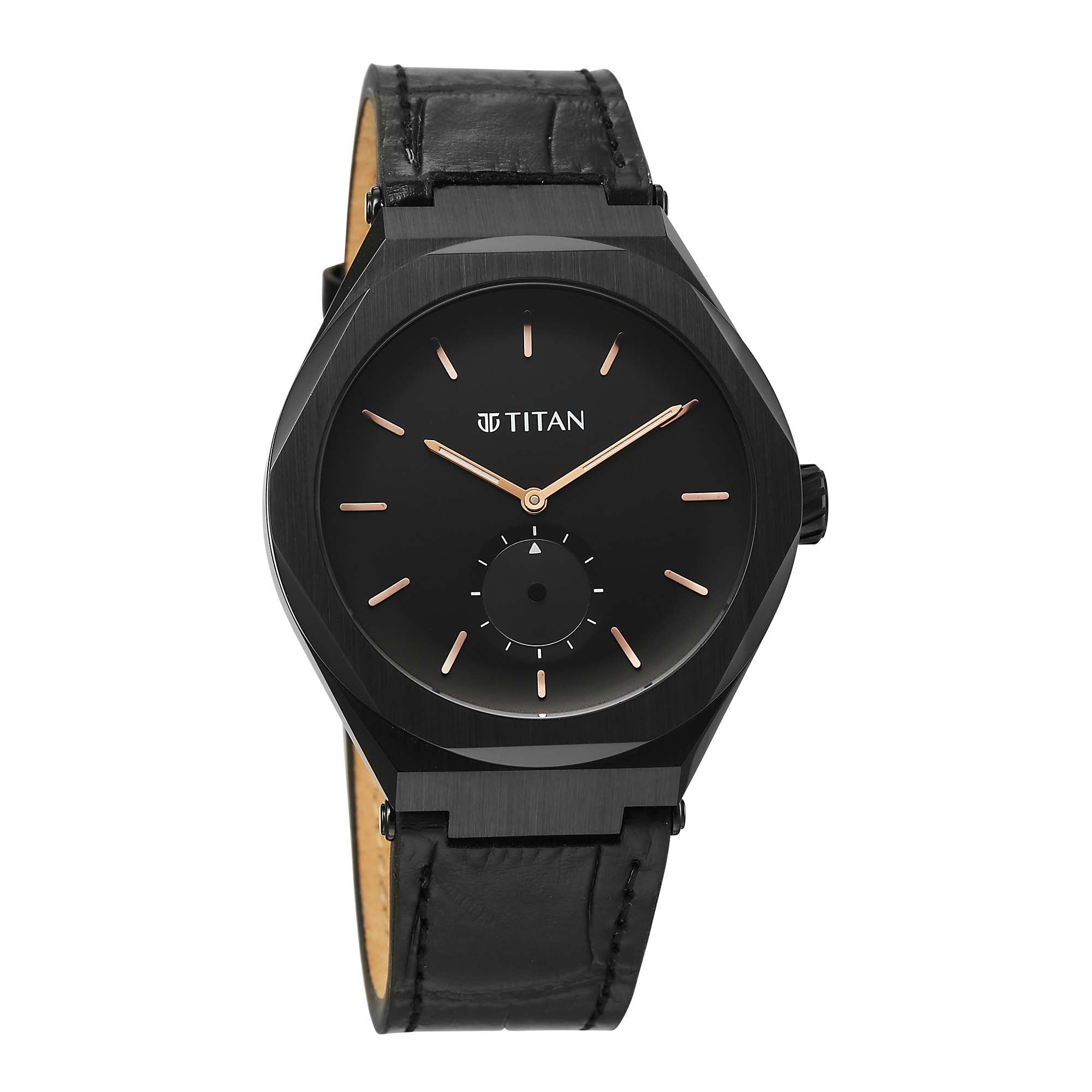 Titan Contour Analog with Small Second and Black Dial Black Leather Strap Watch for Men 90210NL01