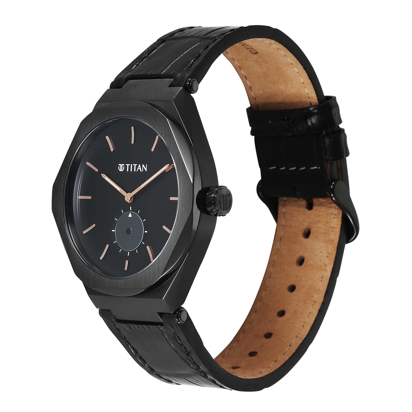 Titan Contour Analog with Small Second and Black Dial Black Leather Strap Watch for Men 90210NL01