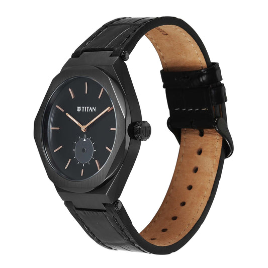 Titan Contour Analog with Small Second and Black Dial Black Leather Strap Watch for Men 90210NL01