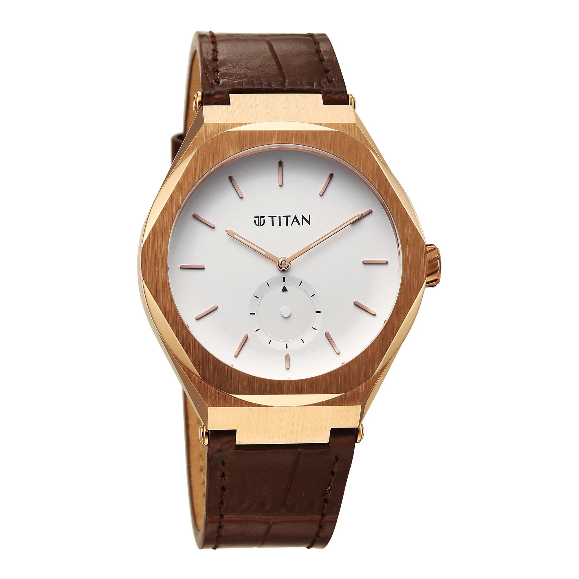 Titan Contour Analog with Small Second and White Dial Brown Leather Strap Watch for Men 90210WL01