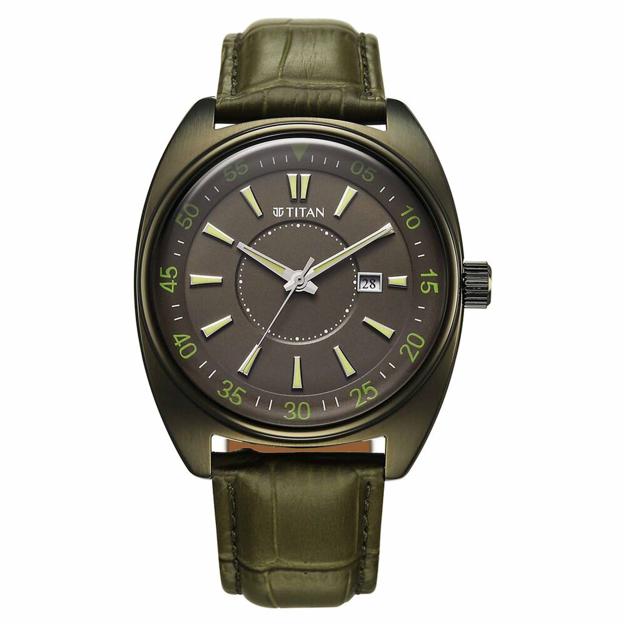 Titan Tonneau Analog with Date and Green Dial Green Leather Strap Watch for Men