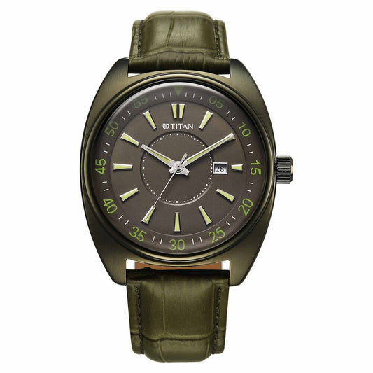 Titan Tonneau Analog with Date and Green Dial Green Leather Strap Watch for Men