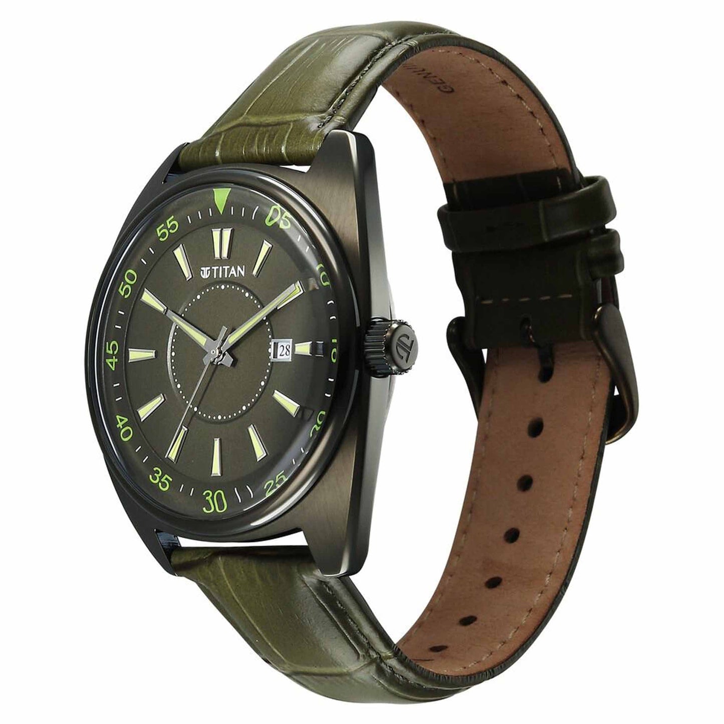Titan Tonneau Analog with Date and Green Dial Green Leather Strap Watch for Men