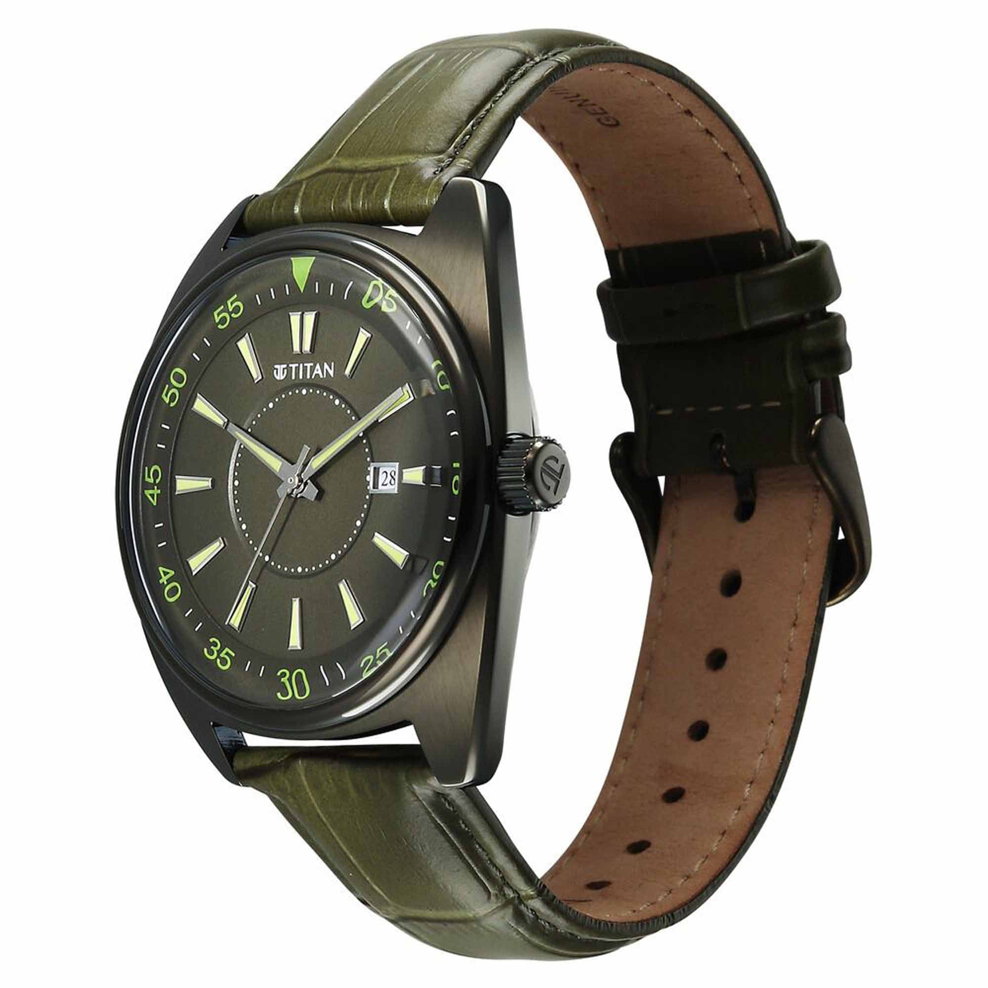 Titan Tonneau Analog with Date and Green Dial Green Leather Strap Watch for Men