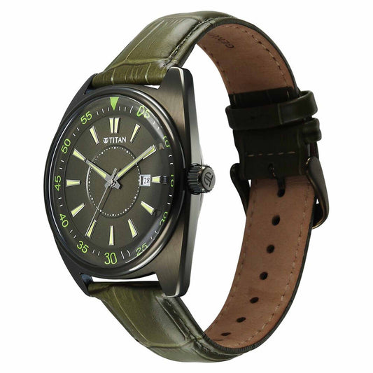 Titan Tonneau Analog with Date and Green Dial Green Leather Strap Watch for Men