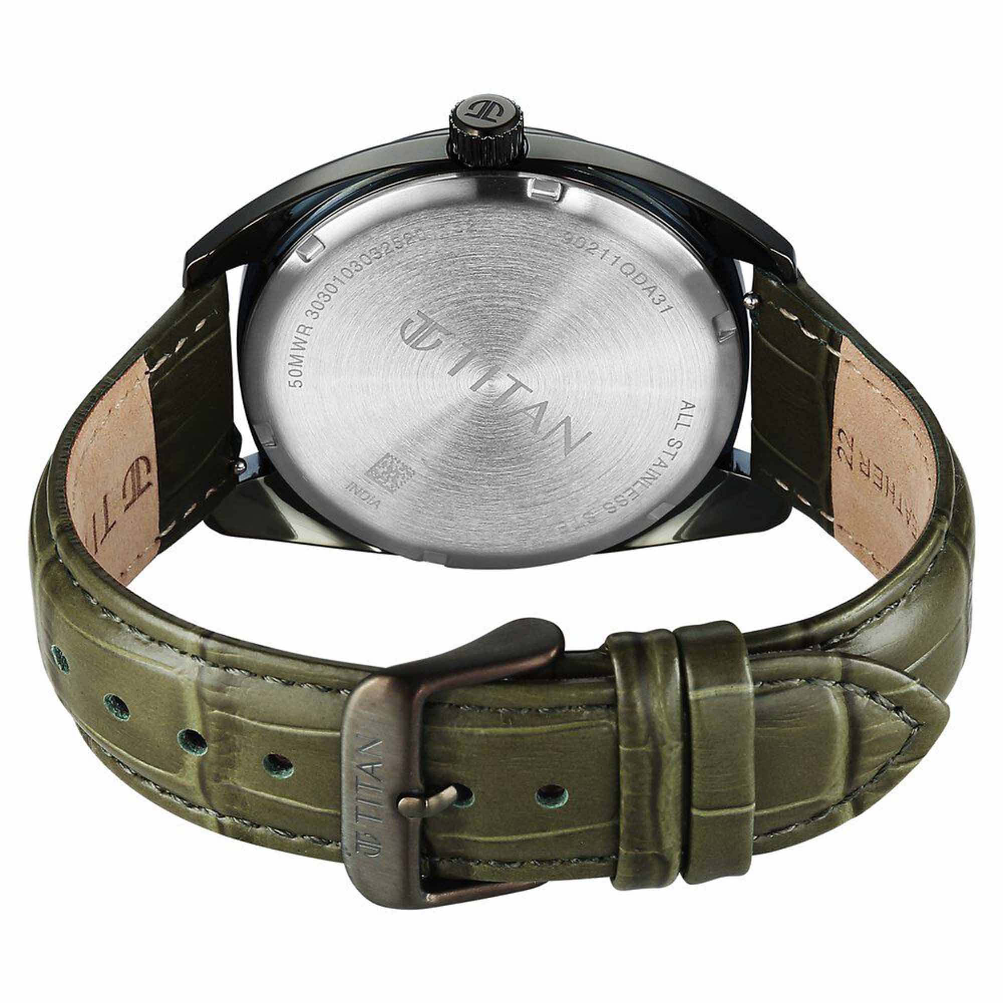 Titan Tonneau Analog with Date and Green Dial Green Leather Strap Watch for Men