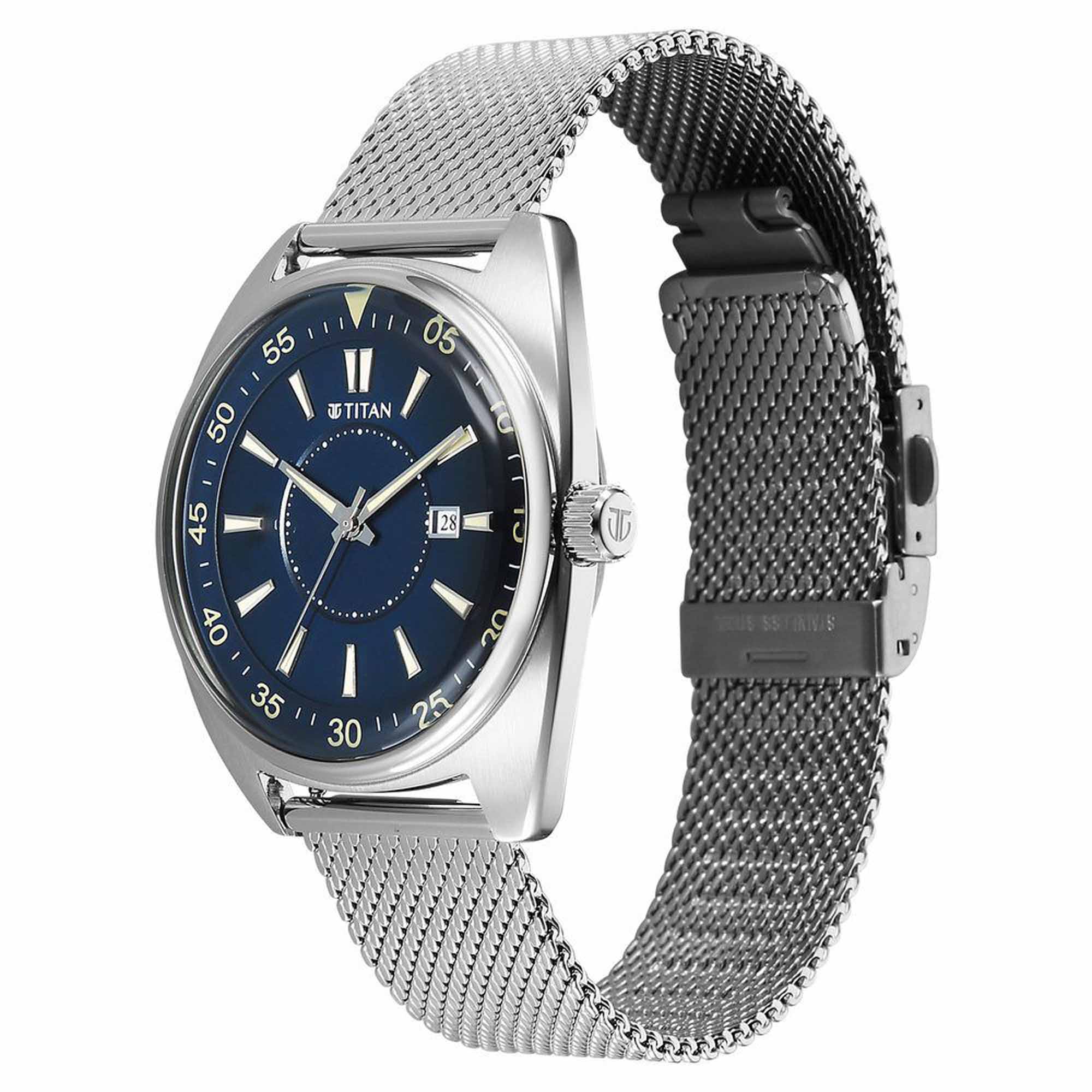 Titan Tonneau Analog with Date and Blue Dial Mesh Stainless Steel Strap Watch for Men