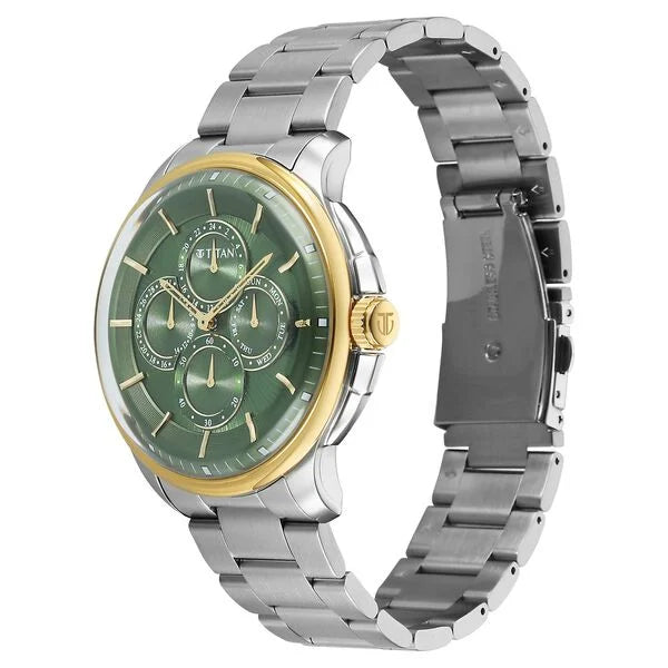 Titan Green Dial Silver Stainless Steel Strap Multifunction Watch for Men