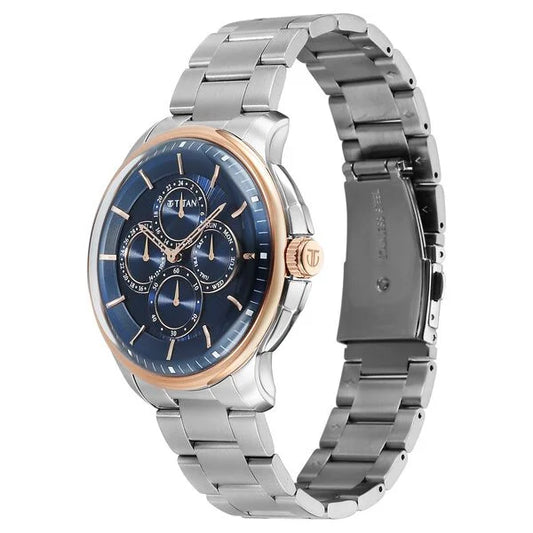 Titan Blue Dial Silver Stainless Steel Strap Multifunction Watch for Men