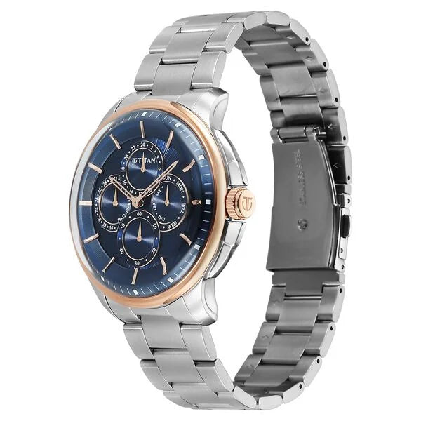 Titan Blue Dial Silver Stainless Steel Strap Multifunction Watch for Men