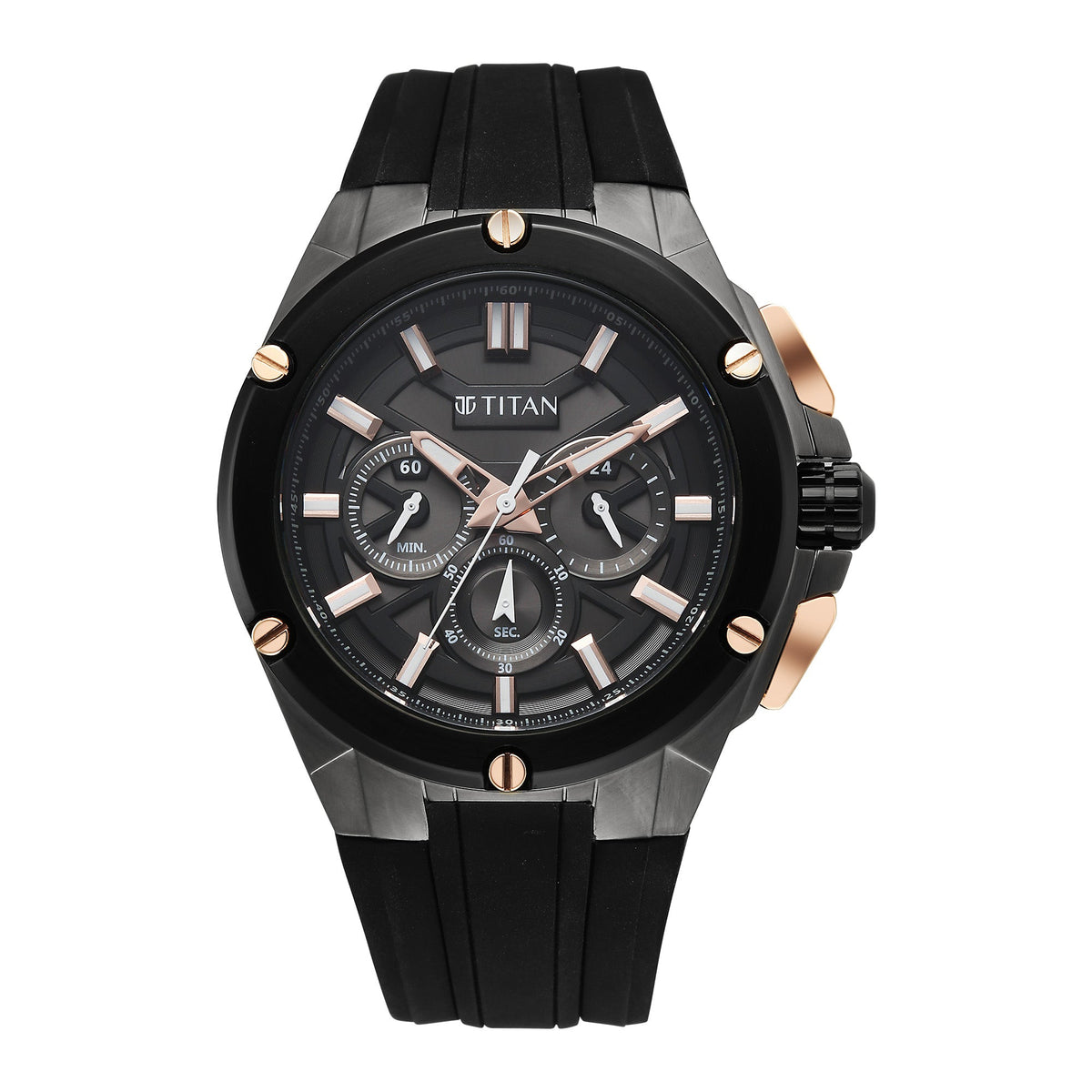 Titan Sport Grey Round Dial Black Silicone Strap Multifunction Watch For Men