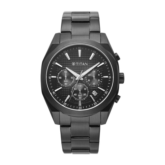 Titan Fashion Sport Black Round Dial Black Stainless Steel Strap Multifunction Analog Watch for Men