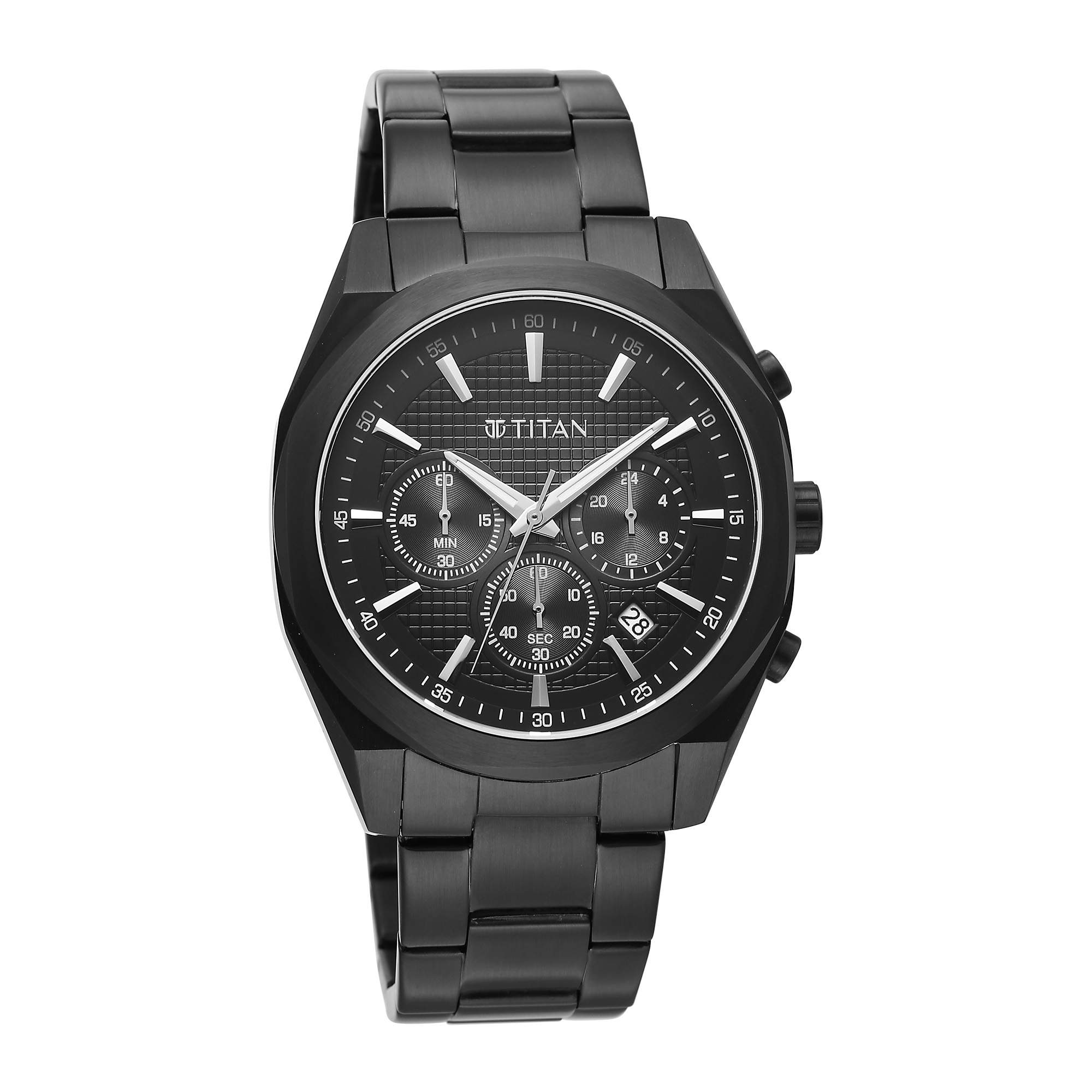 Titan Fashion Sport Black Round Dial Black Stainless Steel Strap Multifunction Analog Watch for Men