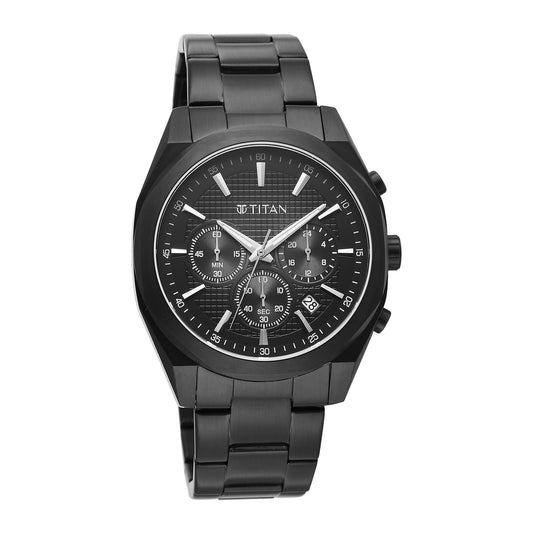 Titan Fashion Sport Black Round Dial Black Stainless Steel Strap Multifunction Analog Watch for Men