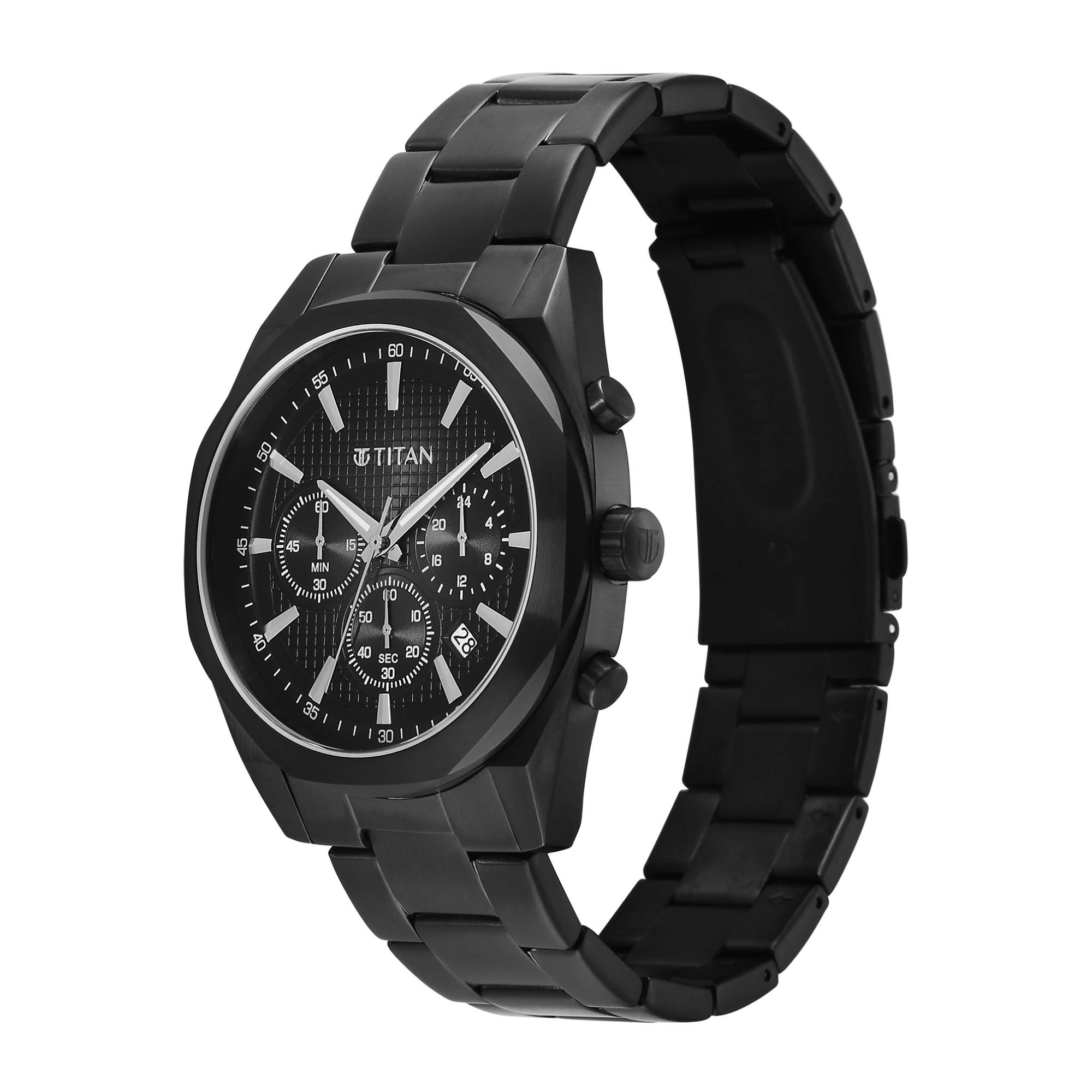 Titan Fashion Sport Black Round Dial Black Stainless Steel Strap Multifunction Analog Watch for Men