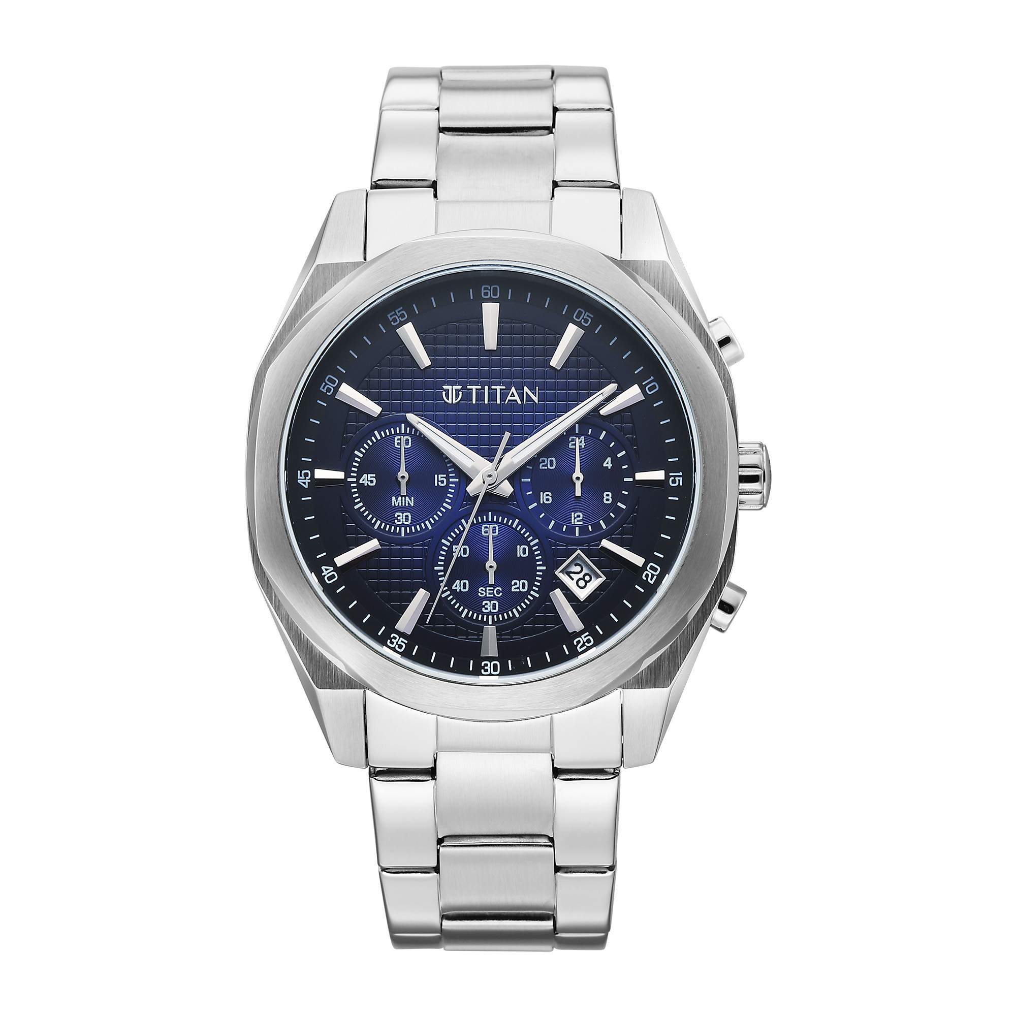 Titan Fashion Sport Blue Round Dial Silver Stainless Steel Strap Multifunction Analog Watch for Men
