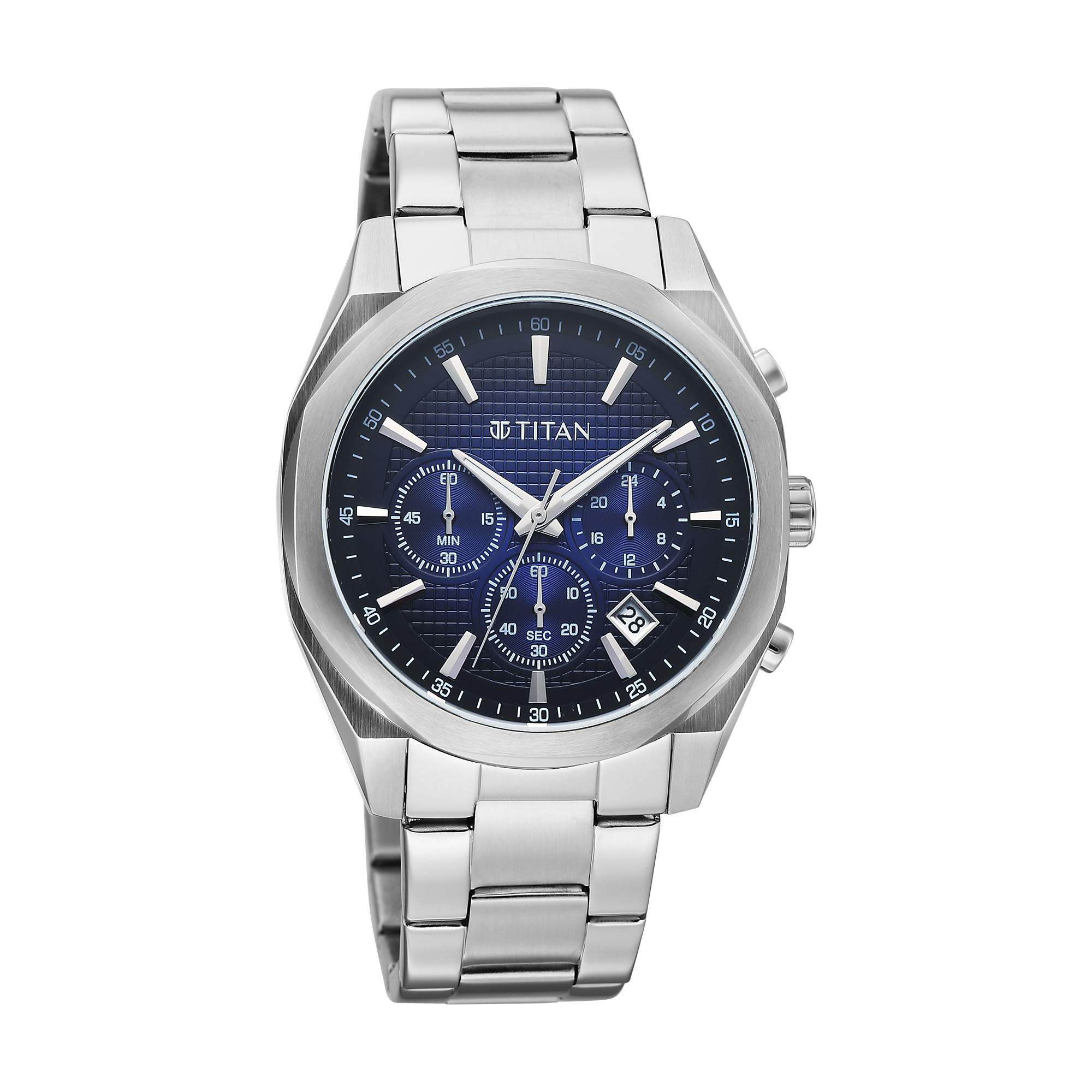 Titan Fashion Sport Blue Round Dial Silver Stainless Steel Strap Multifunction Analog Watch for Men