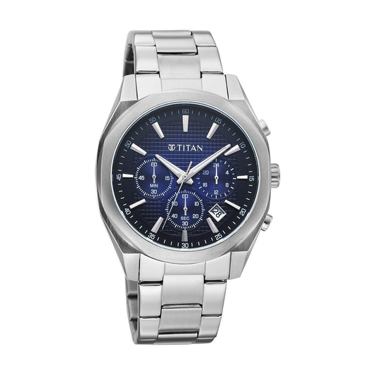 Titan Fashion Sport Blue Round Dial Silver Stainless Steel Strap Multifunction Analog Watch for Men