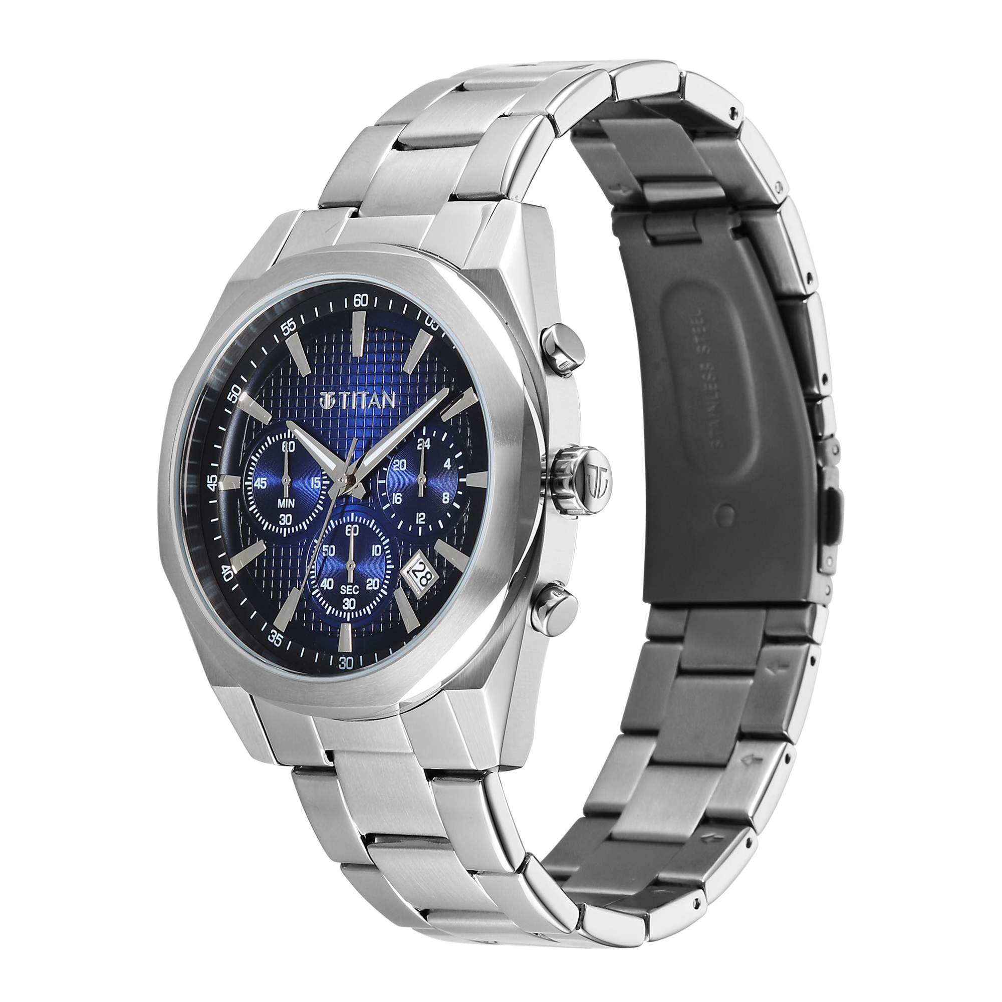 Titan Fashion Sport Blue Round Dial Silver Stainless Steel Strap Multifunction Analog Watch for Men
