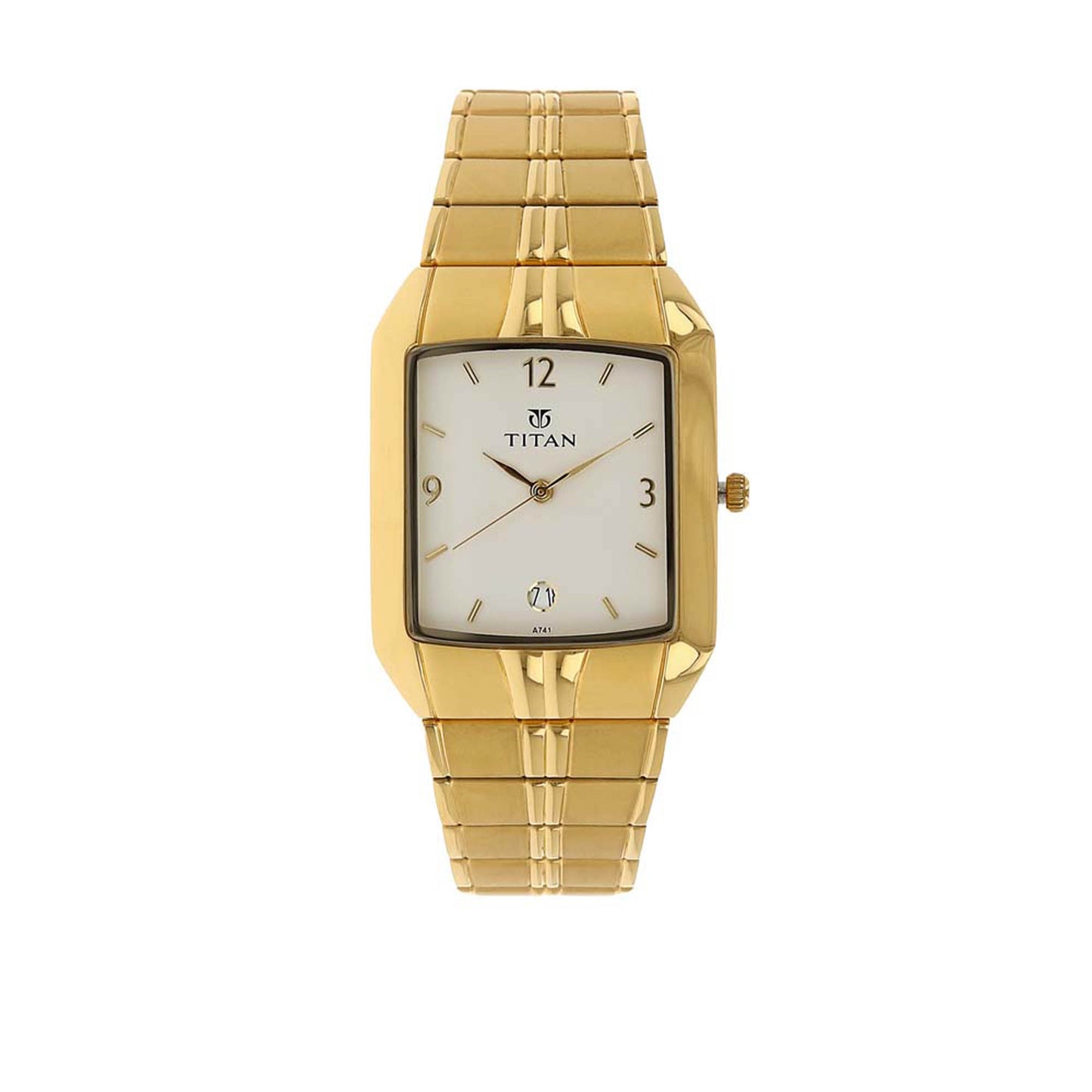 Titan White Rectangle Dial Gold Metal Strap Analog with Date Watch for Men