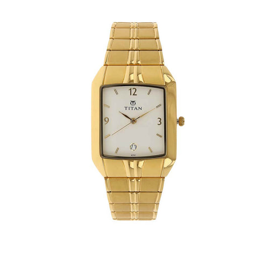 Titan White Rectangle Dial Gold Metal Strap Analog with Date Watch for Men