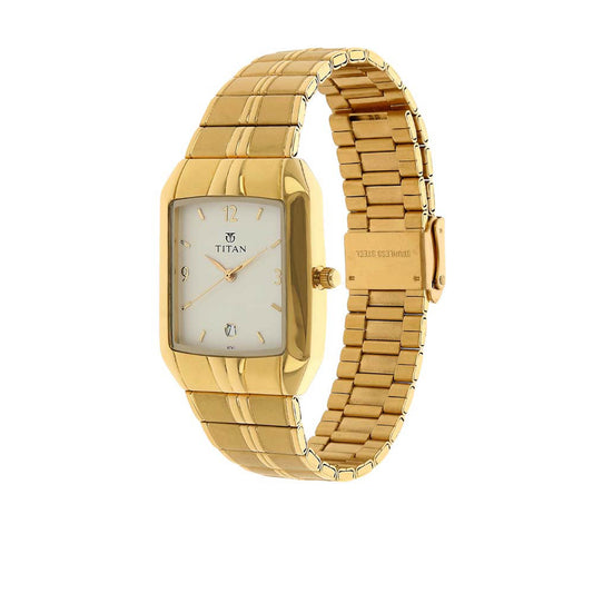 Titan White Rectangle Dial Gold Metal Strap Analog with Date Watch for Men