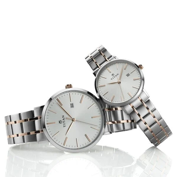 Titan Silver Dial Two Toned Stainless Steel Strap Analog with Date Watch for Couple