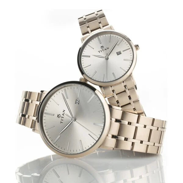 Titan Silver Dial Stainless Steel Strap Analog with Date Watch for Couple