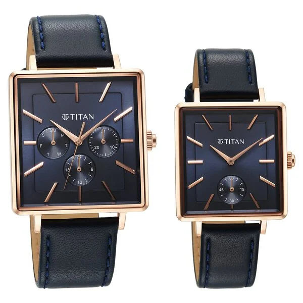 Titan Bandhan Black Dial Leather Strap Multifunction Watch for Couple