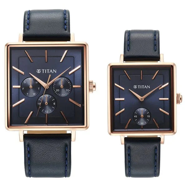 Titan Bandhan Black Dial Leather Strap Multifunction Watch for Couple