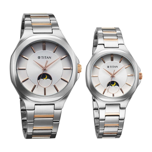 Titan Bandhan Silver Dial Two Toned Stainless Steel Analog with Sun Moon Phase Watch for Couple