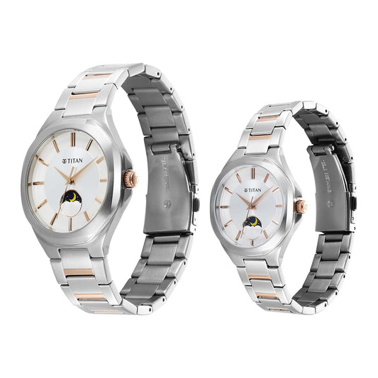Titan Bandhan Silver Dial Two Toned Stainless Steel Analog with Sun Moon Phase Watch for Couple