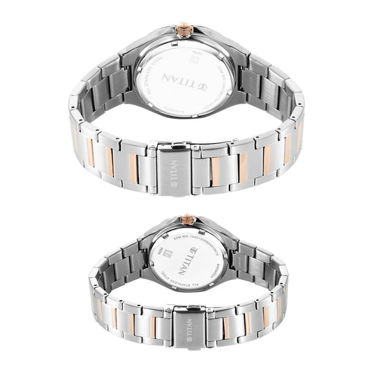 Titan Bandhan Silver Dial Two Toned Stainless Steel Analog with Sun Moon Phase Watch for Couple