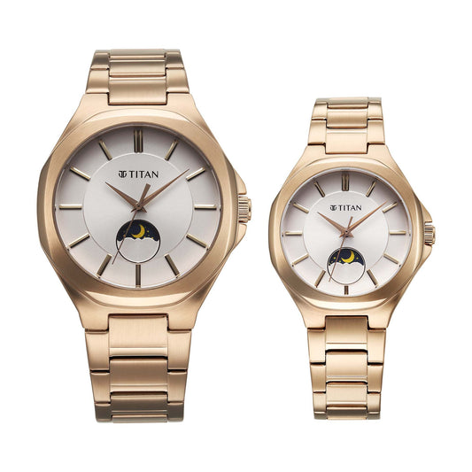 Titan Bandhan Quartz Analog Silver Dial Pink Stainless Steel Strap Watch For Couple