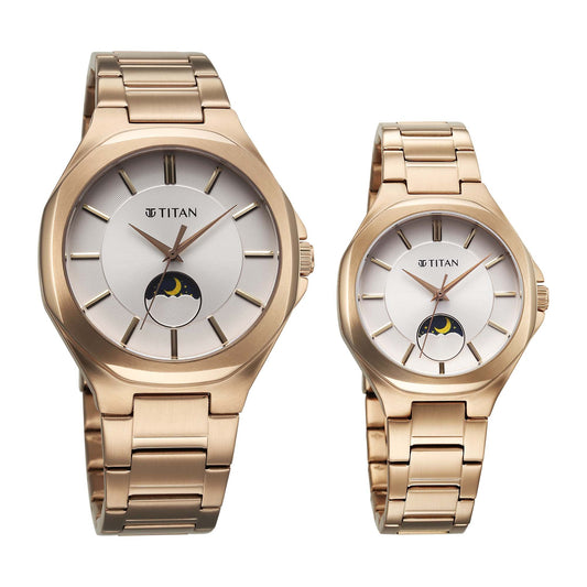 Titan Bandhan Silver Dial Rose Gold Stainless Steel Analog with Sun Moon Phase Watch for Couple