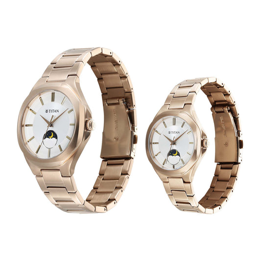 Titan Bandhan Silver Dial Rose Gold Stainless Steel Analog with Sun Moon Phase Watch for Couple