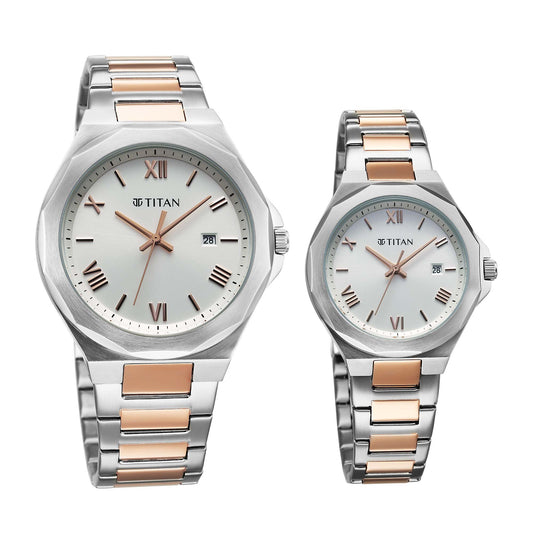Titan Bandhan Silver Dial Two Toned Stainless Steel Strap Analog with Date Watch for Couple