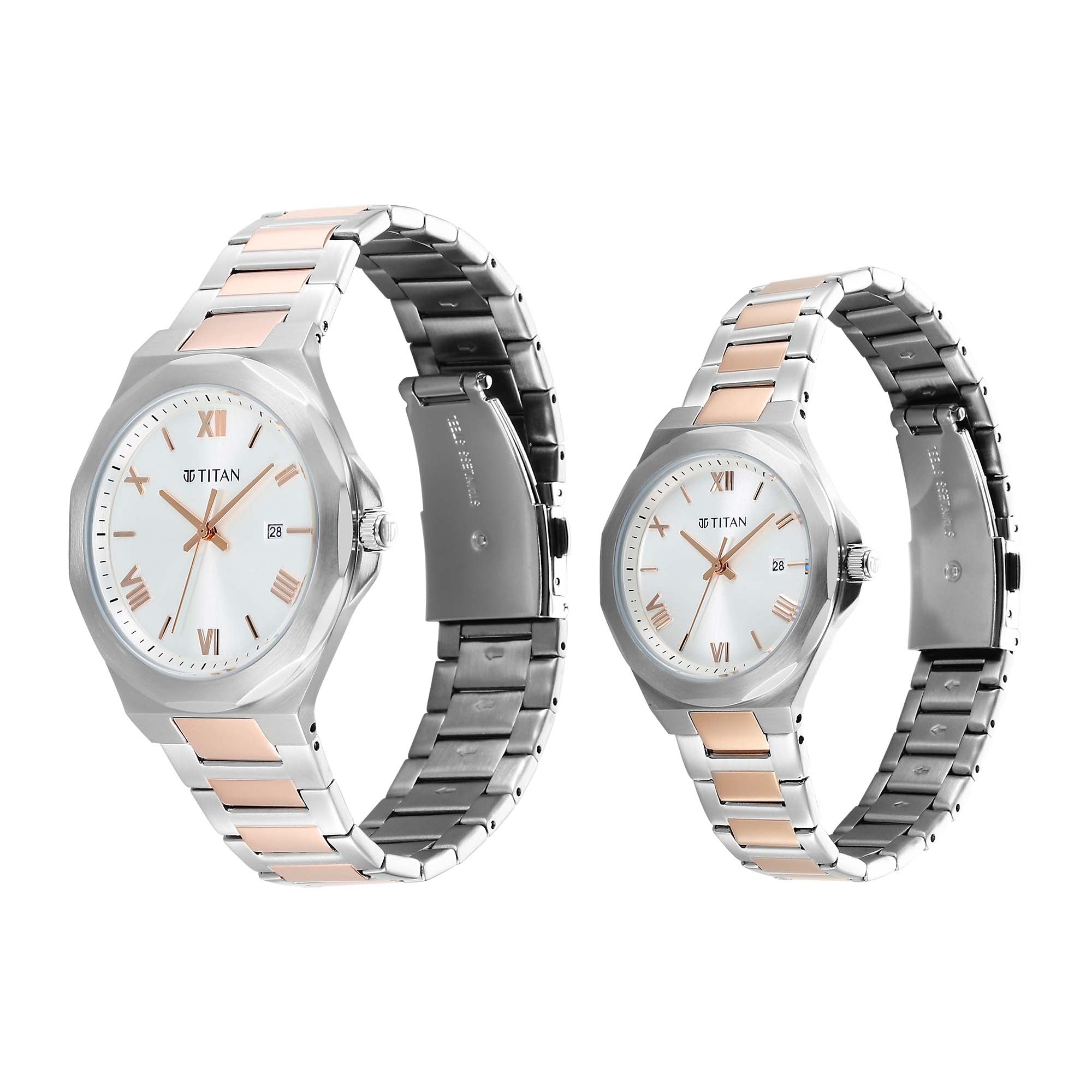 Titan Bandhan Quartz Alog with Date Silver Dial Two Toned Stainless Steel Strap Watch For Couple (9401094210KM01)