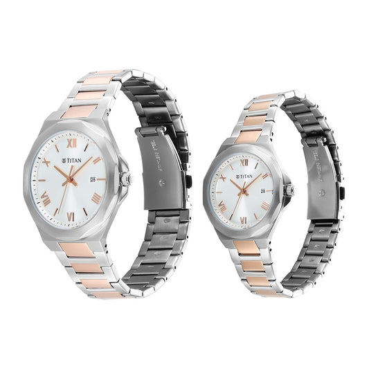 Titan Bandhan Silver Dial Two Toned Stainless Steel Strap Analog with Date Watch for Couple