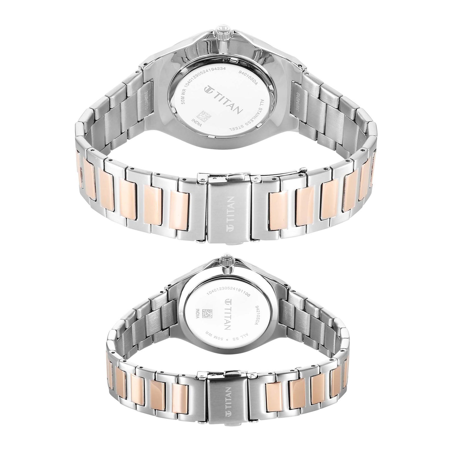 Titan Bandhan Quartz Alog with Date Silver Dial Two Toned Stainless Steel Strap Watch For Couple (9401094210KM01)