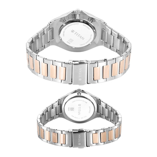 Titan Bandhan Silver Dial Two Toned Stainless Steel Strap Analog with Date Watch for Couple