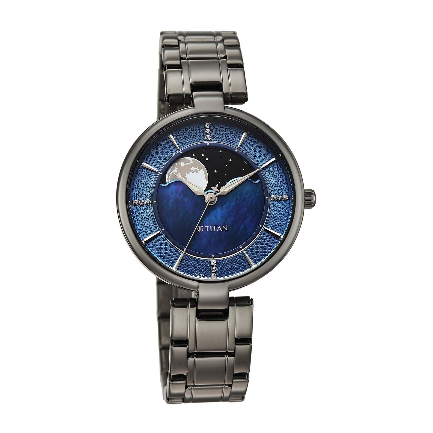 Titan Blue Dial Grey Stainless Steel Strap Analog with Moon Phase Watch For Women