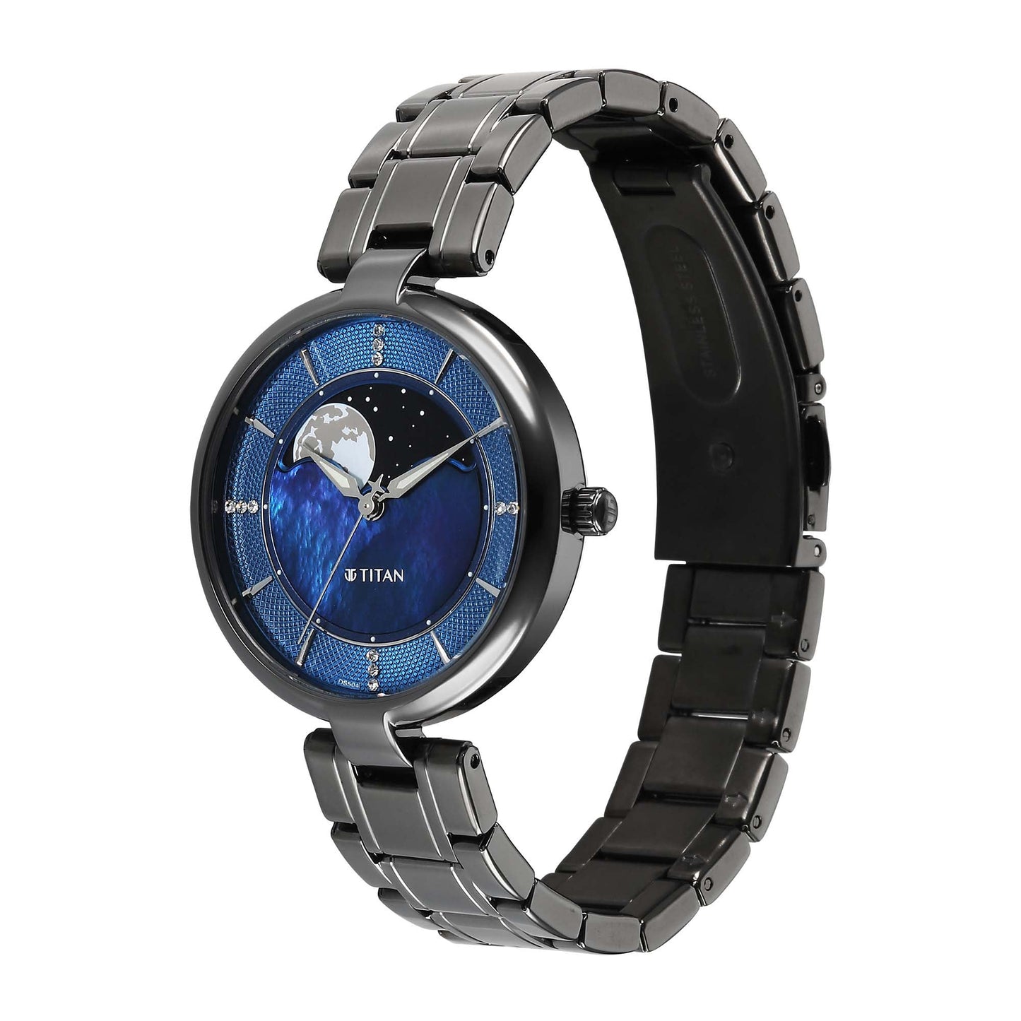 Titan Blue Dial Grey Stainless Steel Strap Analog with Moon Phase Watch For Women