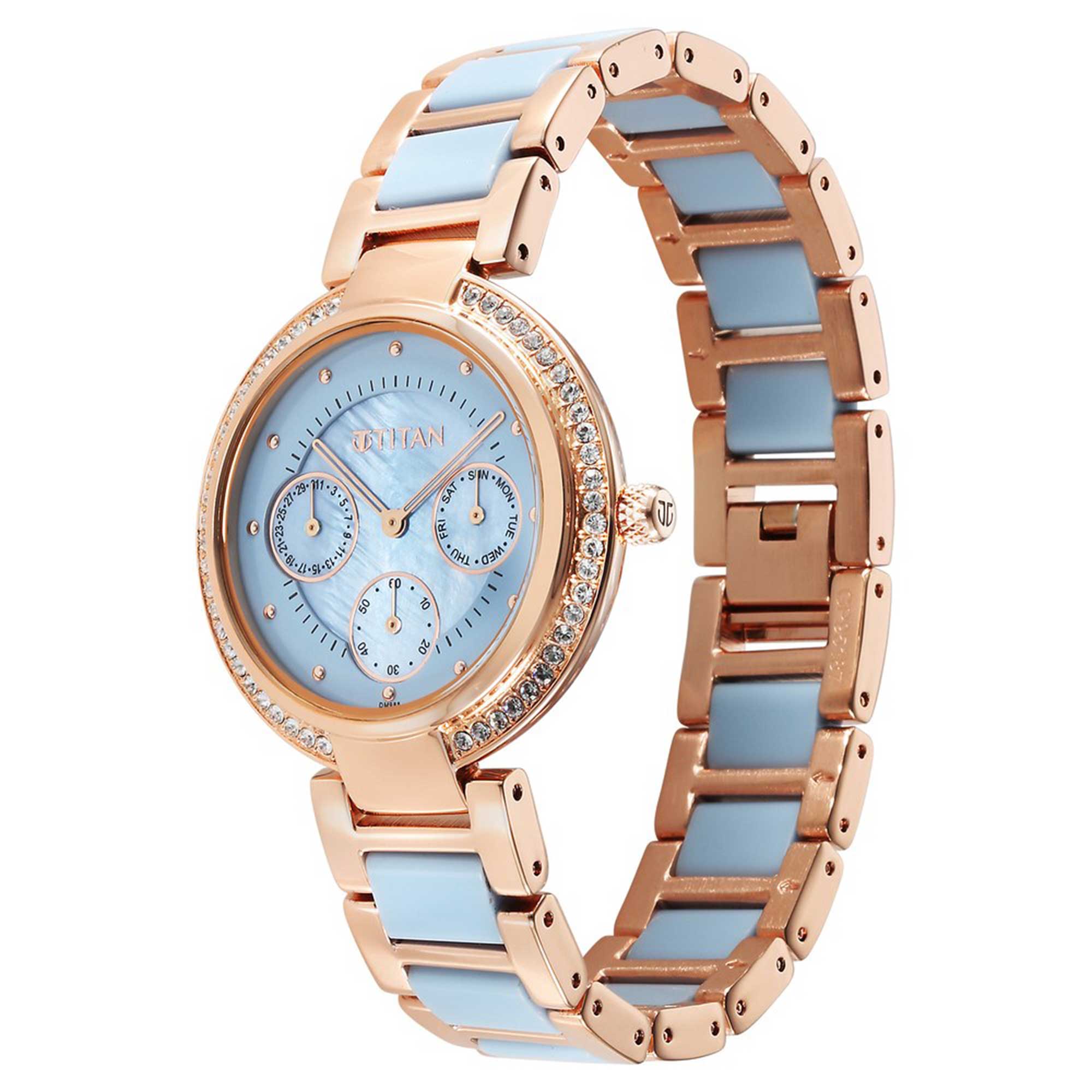 Titan Acetate GlAm Blue Dial Multi Hybrid Strap Watch for Women