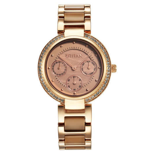 Titan Acetate Glam Quartz Multifunction Brown Dial Hybrid Strap Watch for Ladies